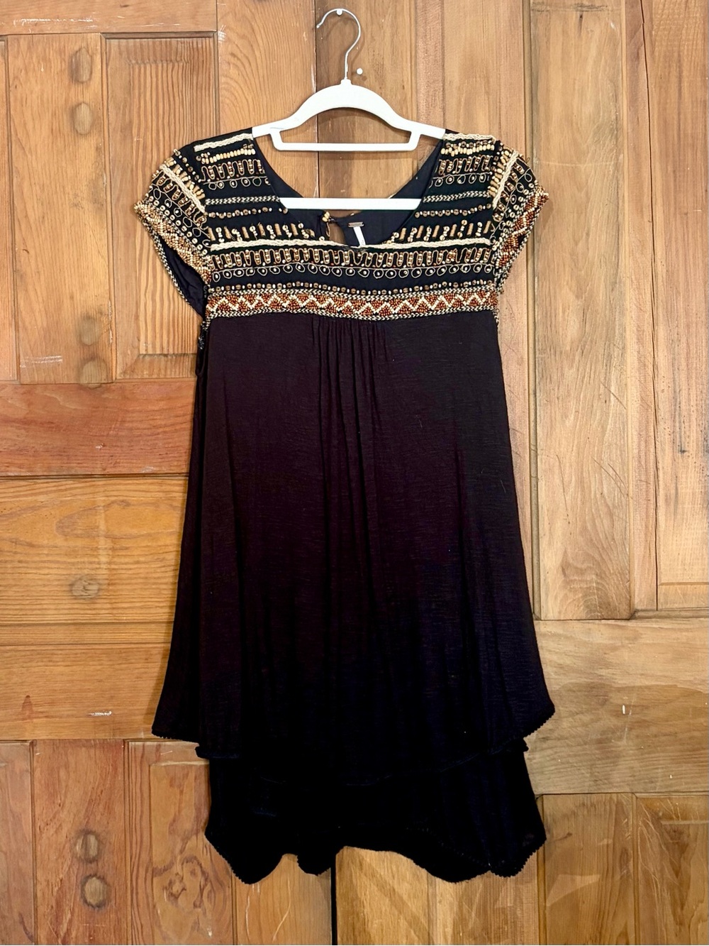 Free People – Embellished Boho Babydoll Tunic Mini Dress – Black Ivory – Sz. L - Picture 5 of 8